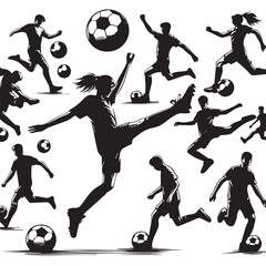silhouette of people playing soccer, editable vector image