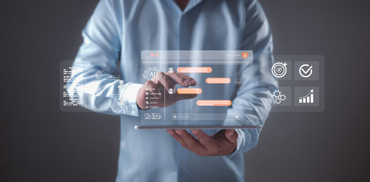 A person holds a tablet displaying a dynamic, transparent interface with AI and project management tools, including an AI brain, chat icons, and task timelines, symbolizing smart business planning.