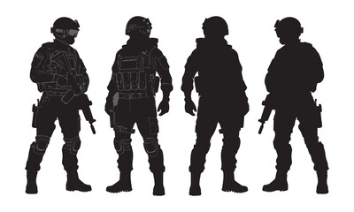 Silhouette vector set of American soldier holding gun. On white background