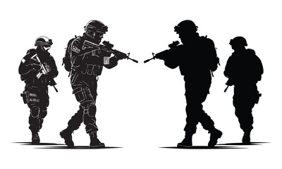 Silhouette vector set of American soldier holding gun. On white background