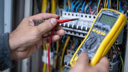 Electrical Work Inspection: An electrician carefully tests voltage in an electrical panel with a multimeter.