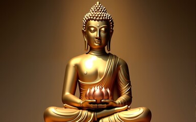 Golden Buddha statue holds lotus flower. Peaceful religious composition with meditating deity, spiritual enlightenment, Asian culture. Buddhism art for zen, meditation practice, temple, yoga themes.