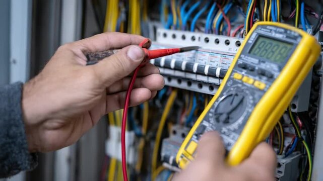 Electrical Work Inspection: An electrician carefully tests voltage in an electrical panel with a multimeter.