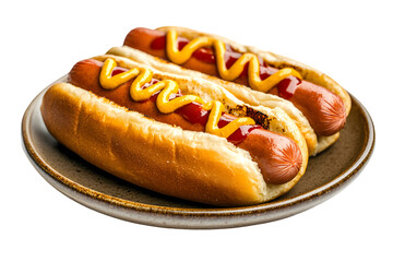 Classic hot dogs with ketchup and mustard on a brown plate isolated on transparent background