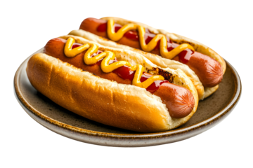 Classic hot dogs with ketchup and mustard on a brown plate isolated on transparent background
