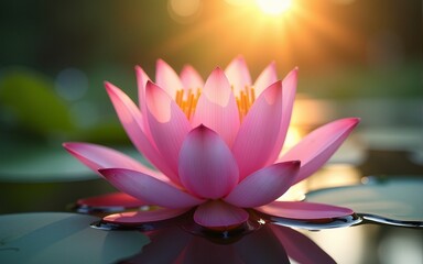 pink lotus flower in water with sunshine. High quality