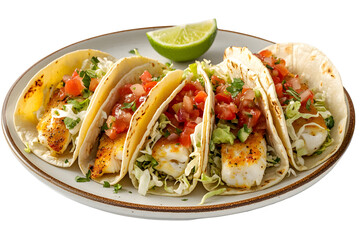 Grilled fish tacos with cabbage, tomato salsa, cilantro, and lime on a plate isolated on transparent background