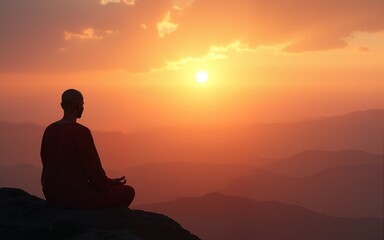 Buddhist monk in meditation at beautiful sunset or sunrise background on high mountain. High quality