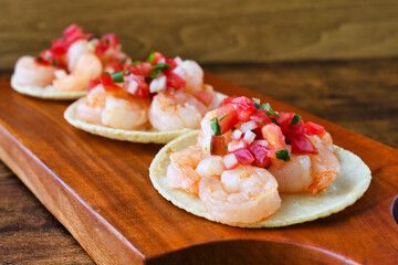 メキシコの美味しいタコス　エビのタコス（海老のタコス） サルサ・メヒカーナ（サルサメヒカーナ）を添えて コピースペースあり　Delicious Mexican tacos: Shrimp tacos, served with Salsa Mexicana, copy space available 