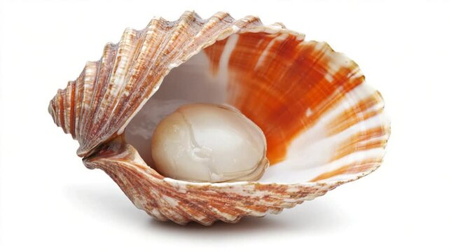 Close-up view of a scallop shell with a pearl, isolated on a white background, showcasing marine beauty