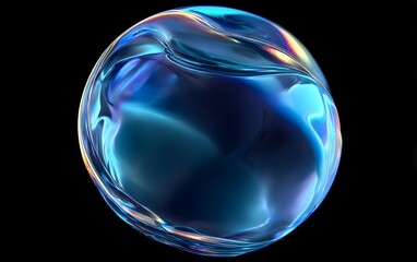 A vibrant, translucent sphere with swirling blue and orange hues against a black background