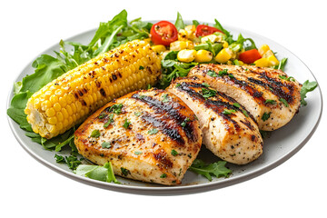 Grilled chicken breast with corn on the cob and fresh salad on a plate isolated on transparent background