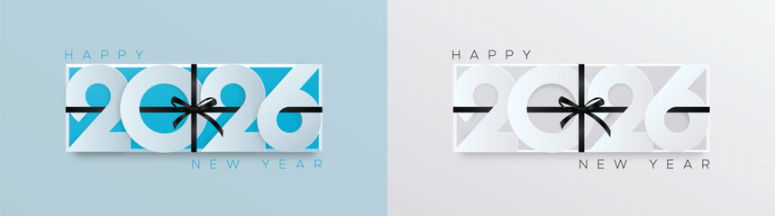 Modern 2026 New Year design featuring bold white numerals wrapped in a black ribbon and bow, presented in blue and grey minimal backgrounds.