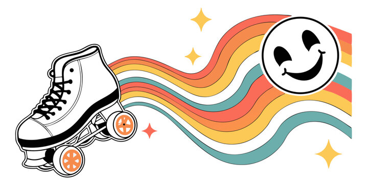 A retro roller skate with rainbow waves and a smiley face in a seventies style illustration