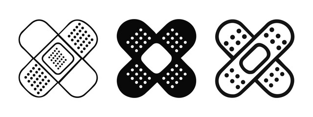 Bandage Icon Set – Black and White Medical Patch and Outline vector illustration