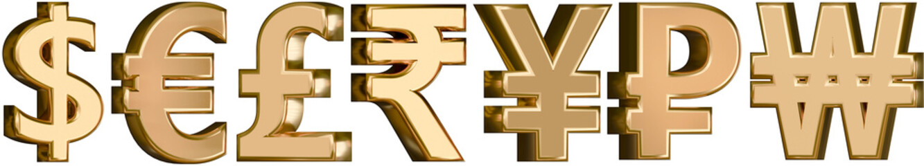 Golden 3D currency symbols of US Dollar, Euro, British Pound, Indian Rupee, Japanese Yen or Chinese Yuan, and South Korean Won. Currency exchange rate concept.