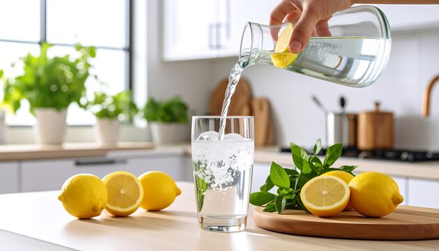 Fresh lemon water being poured into a glass with ice with kitchen interior.