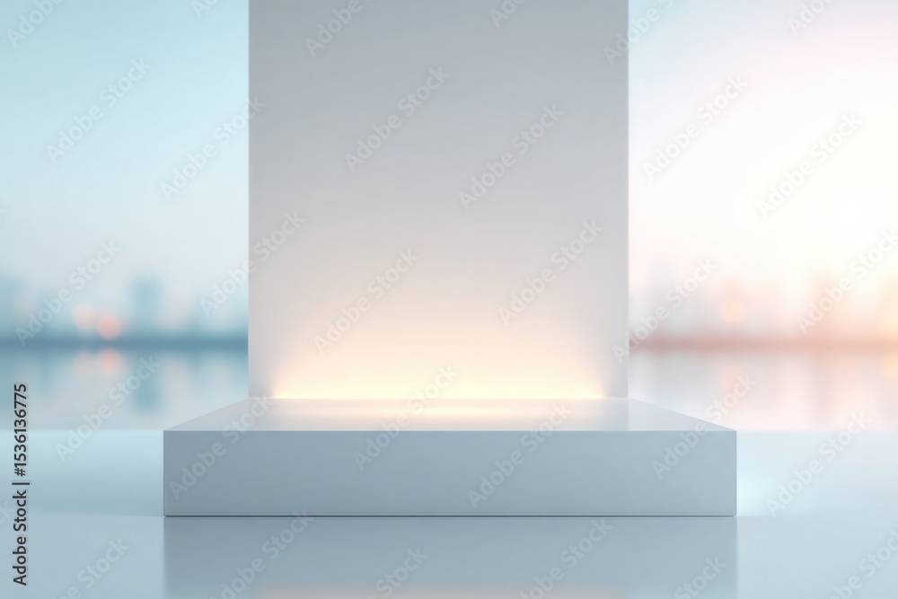 Poster floating empty podium creates visual focal point in this creative clean image with ample copy space
