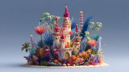 3d cartoon Of a miniature castle made of flowers