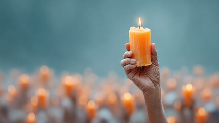 Spiritual Candlelight Procession Hand Holding Lit Candle in Soft Focus with Glowing Flames for Faith and Meditation Campaigns
