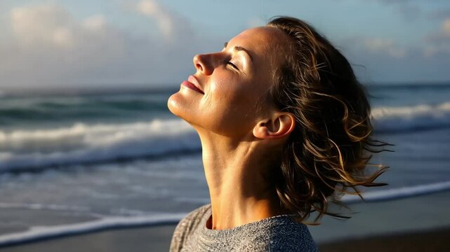 Serene Soul by the Sea: A woman basking in the sun with eyes closed, experiencing a sense of peace and tranquility on a beautiful beach, a moment of self-reflection and connection with nature.