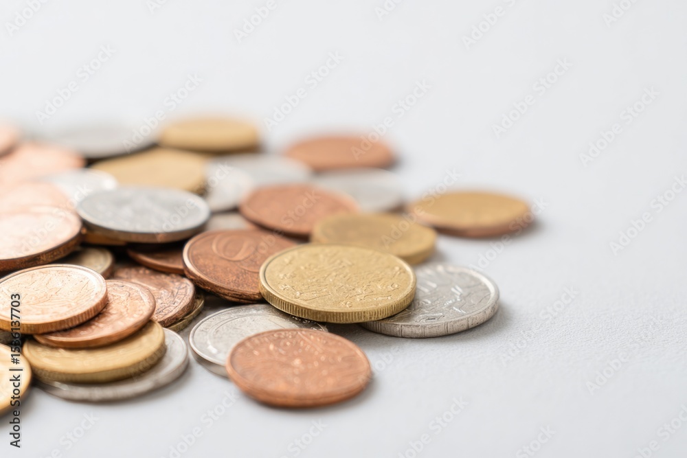Poster minimalistic image of scattered pile of various currency coins and notes on plain surface with ample