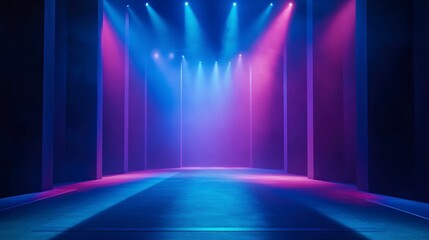 Empty stage with blue and pink lighting, spotlights illuminating a dark floor.