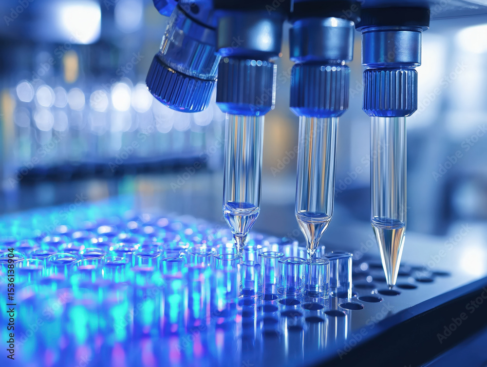 Poster microscope close up in laboratory setting with test tubes and blue lighting, showcasing scientific r