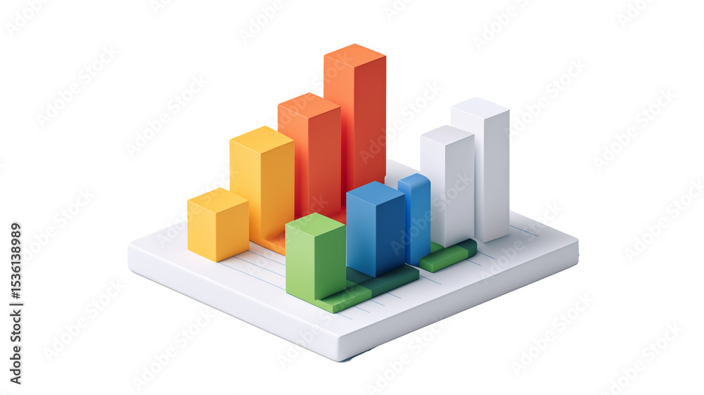Poster colorful 3d bar chart on white platform, showcasing data visualization with vibrant orange, yellow, 