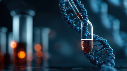 DNA strand intertwines with test tube containing red liquid, symbolizing biotechnology and scientific innovation in laboratory setting