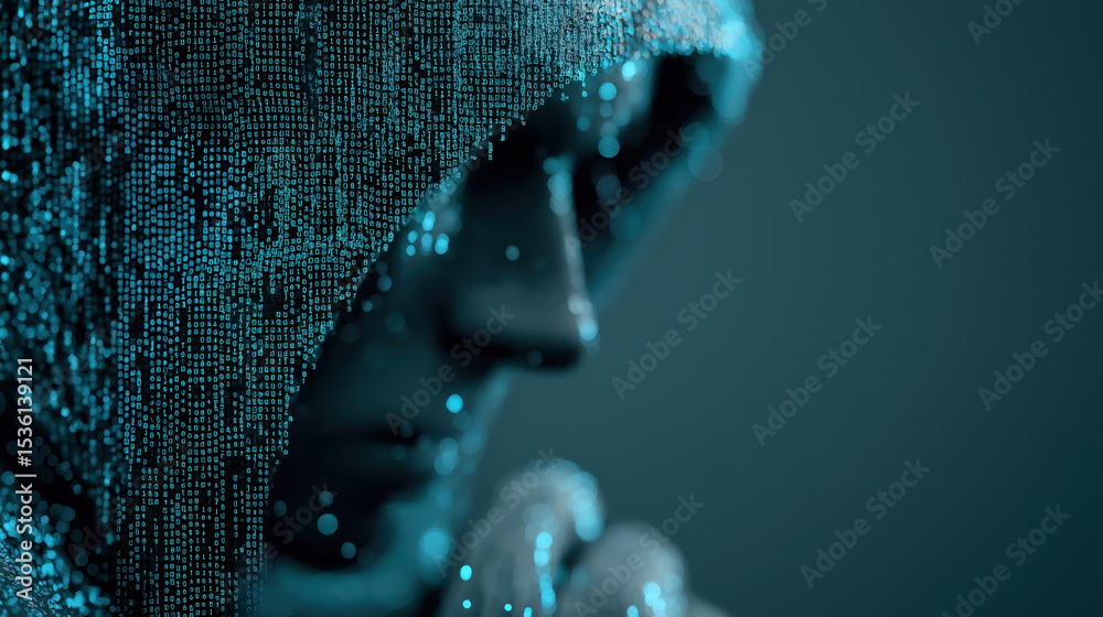 Poster Hooded figure composed of digital code represents concept of cybersecurity and data breaches, highlighting anonymity and complexity of cyber threats