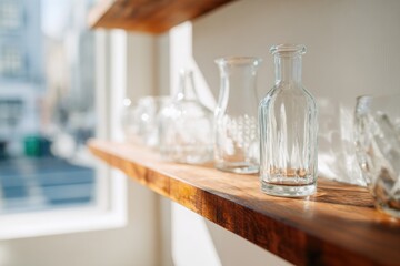 serene display of antique glassware on polished wooden shelf exuding air of nostalgia and charm