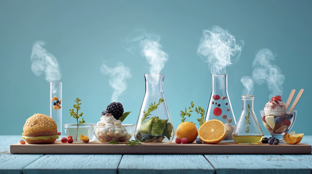 Creative display of food science and technology featuring various foods in laboratory glassware, including fruits, vegetables, and desserts, with steam rising against blue background
