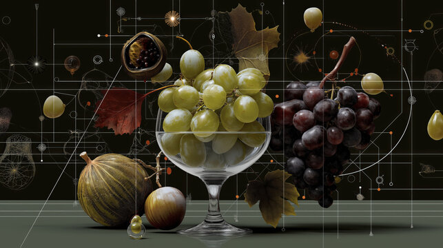 Glass bowl filled with green grapes is surrounded by various fruits, including passion fruit, figs, and red grapes, set against dark, abstract background with geometric patterns - Powered by Adobe