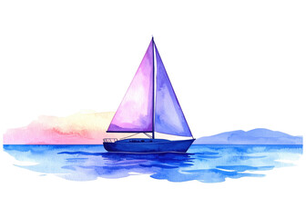 A beautiful watercolor illustration depicts a sailboat with a purple sail gracefully cruising on calm blue waters under a vibrant sunset sky.