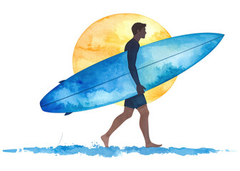 A vibrant watercolor illustration depicts a man carrying a blue surfboard, walking in the water with a warm sun. Ideal for summer, beach, and sport themes.