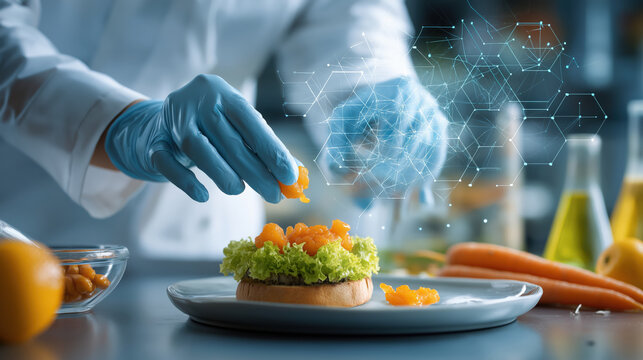 Naklejki Chef wearing gloves carefully garnishes dish with vibrant ingredients, showcasing blend of culinary art and food science technology. scene is set in modern kitchen