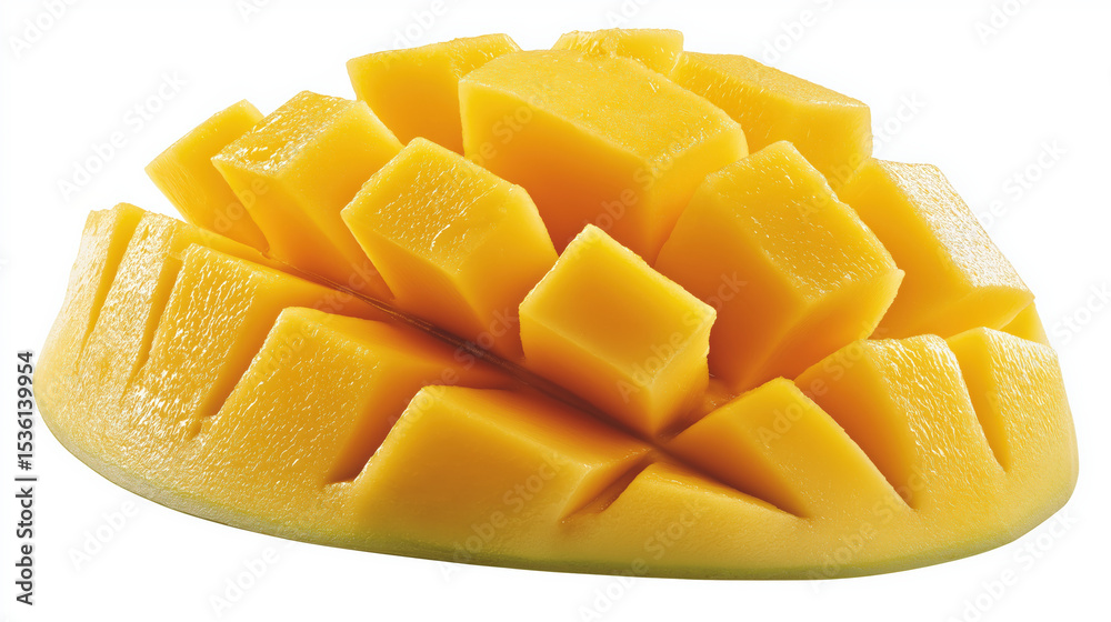 Poster juicy, vibrant mango slice is displayed, showcasing its bright yellow color and cubed pattern, perfe