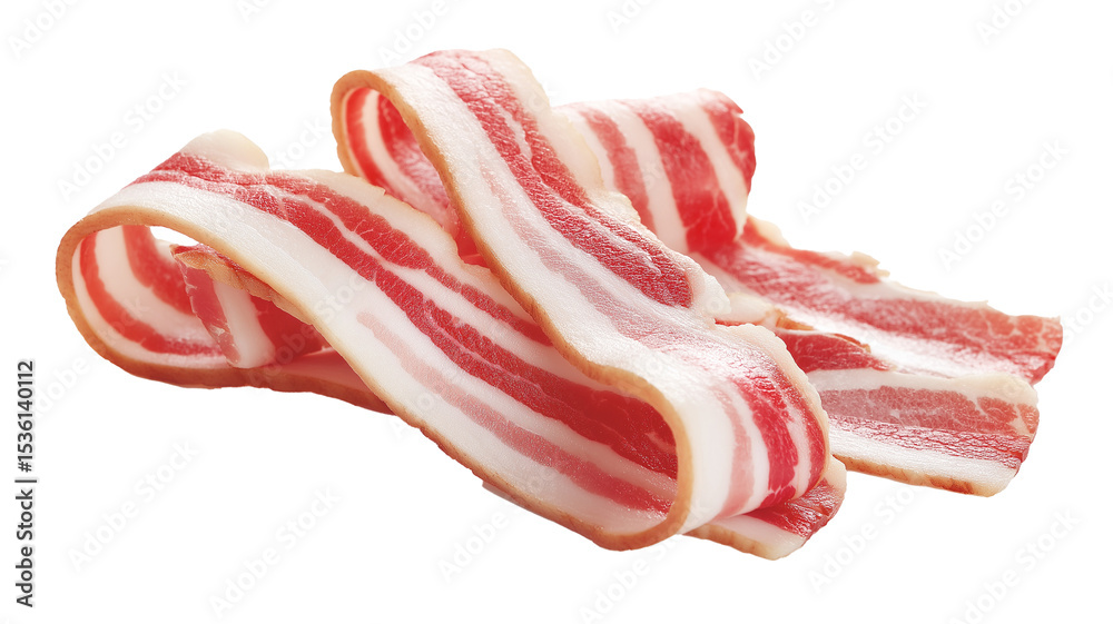 Poster Sliced bacon strips uncooked isolated on transparency background, showcasing marbled fat and meat. raw bacon is arranged in casual pile, highlighting its texture and color