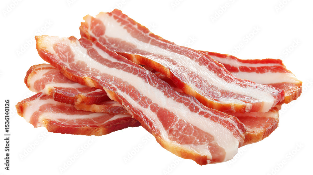 Poster sliced bacon strips uncooked and isolated on transparency background, showcasing their marbled textu