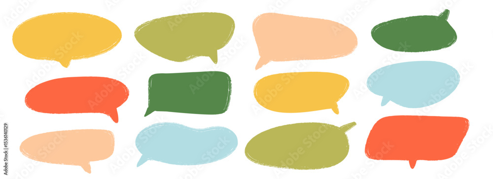 Poster Colored hand drawn speech bubble collection. Doodled dialog box set. Scribbled textured marker comic talk frames. Bright sketched chat box pack. Red, blue, green balloon text box bundle. Vector 