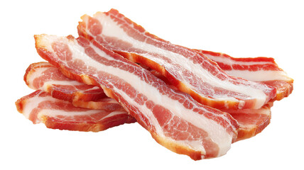 Obraz premium Sliced bacon strips uncooked and isolated on transparency background, showcasing their marbled texture and rich color. Perfect for culinary use or food presentations