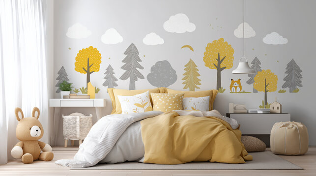Cozy children room features whimsical wall decals of trees and clouds, soft bed with yellow and white bedding, and playful decor including plush toy and pouf