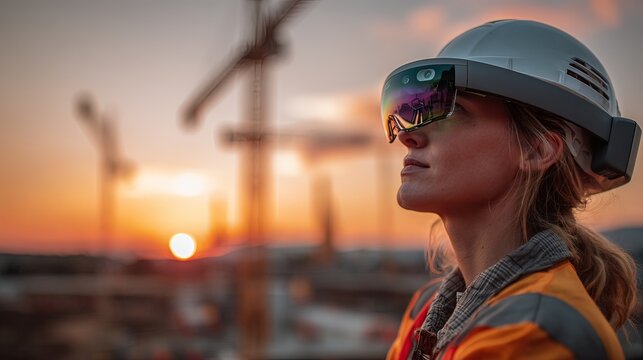 woman engineer at sunset viewing construction site progress with AR glasses
