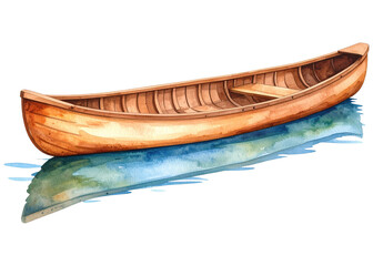 A beautiful watercolor illustration of a classic wooden canoe, perfect for travel, outdoor, or leisure themes.