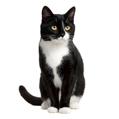 Black and white cat sitting gracefully on a plain background, showcasing its striking features