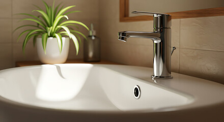 Fototapeta premium Modern Bathroom Sink with Chrome Faucet and Air Plant
