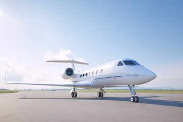 Obraz premium sleek private jet parked on clear runway set against cloudless sky with ample copy space