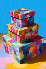 Colorful gift box stack, clean painting style, vibrant abstract pattern, cheerful mood