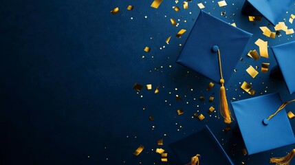 Blue graduation caps and gold confetti on a dark blue background.